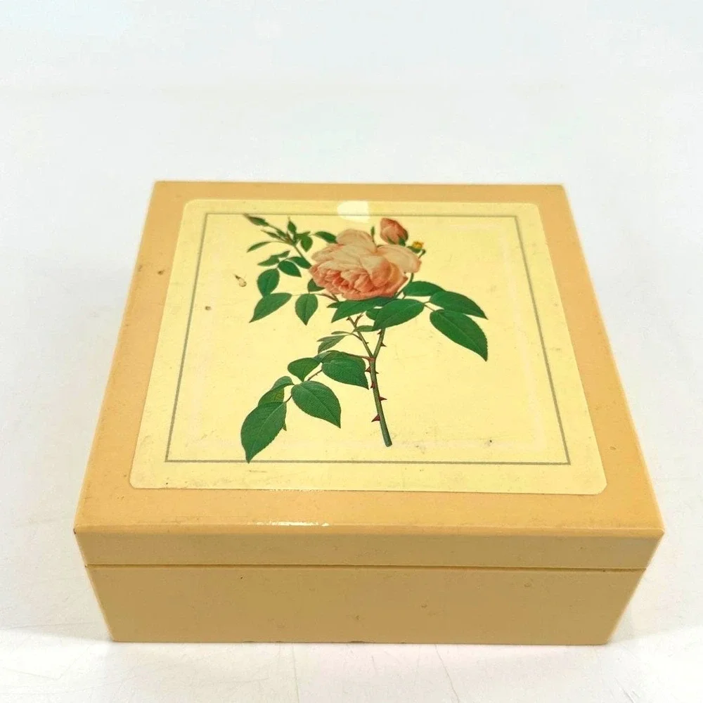 Vintage Botanical Rose Coaster Set of 6 Cottagecore Wooden Storage Box Cork Back